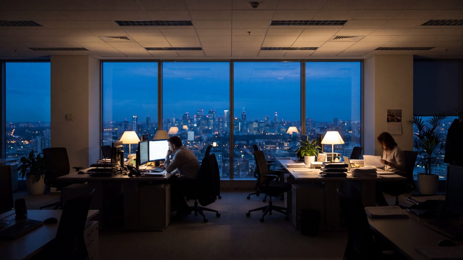 An office at dusk with two people still at their desks and city lights beyond the windows.
