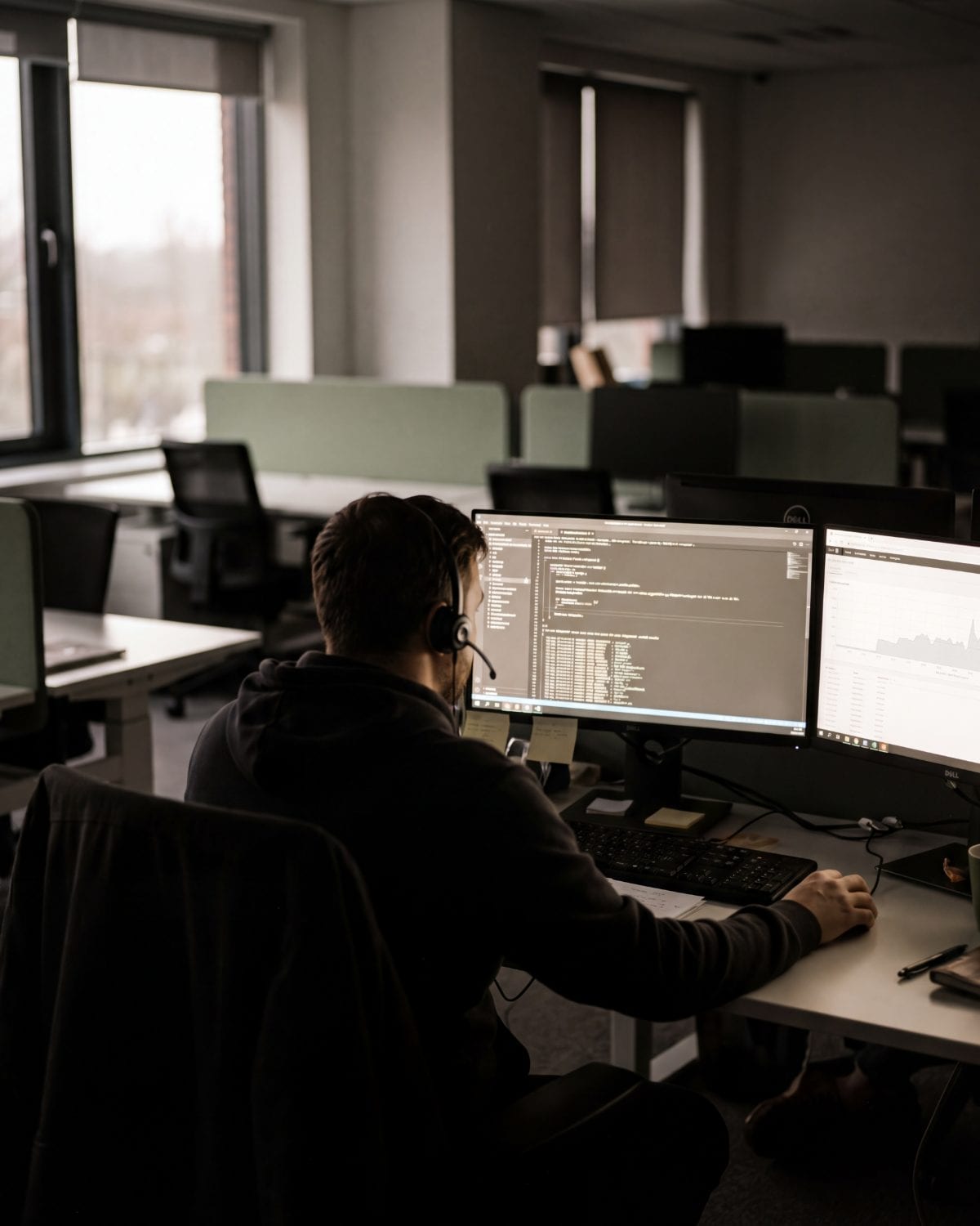 An IT agent at a two-monitor desk in a dim office, seen from behind, wearing a headset.