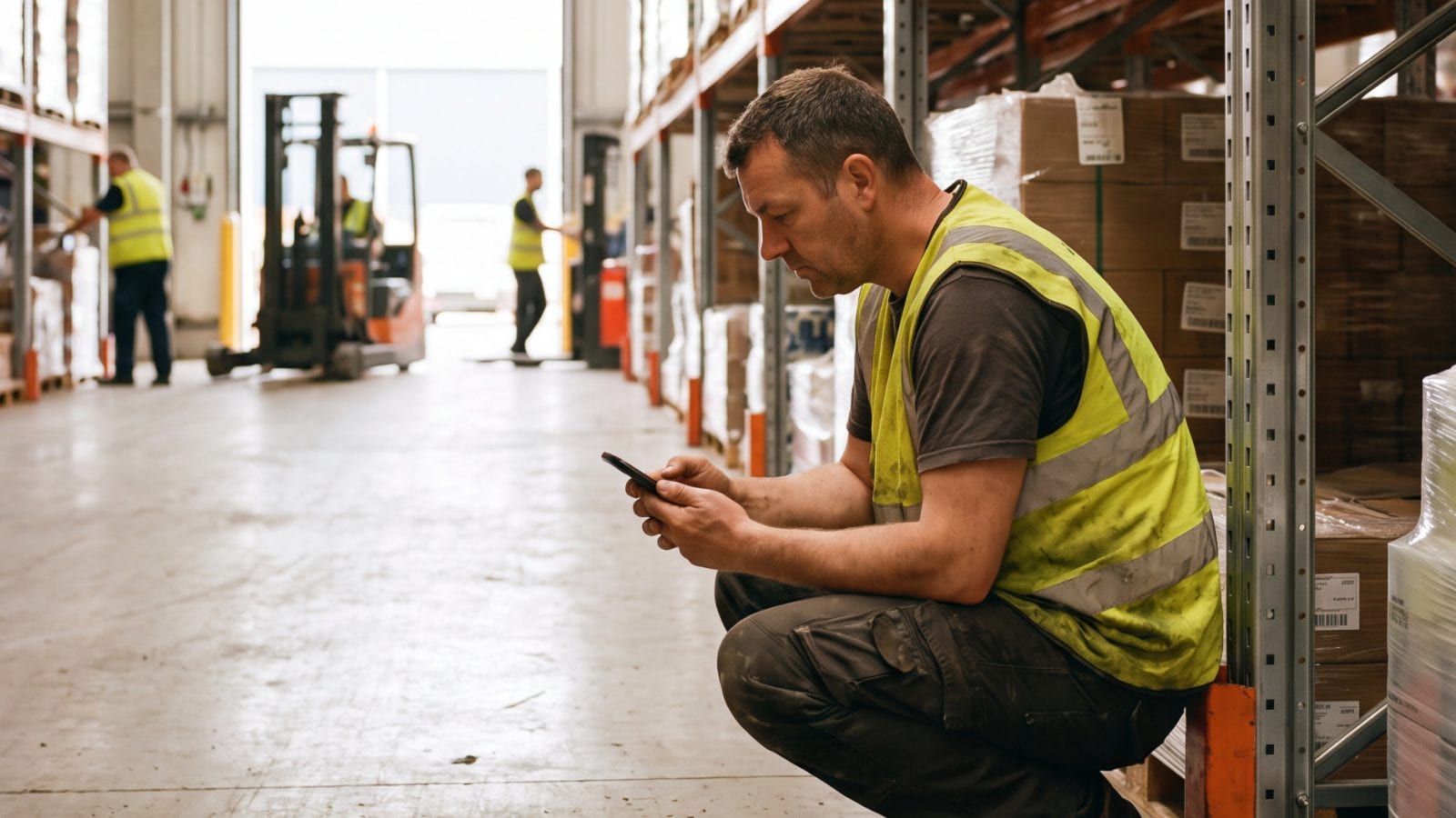 A warehouse worker crouched beside racking, typing on a phone.