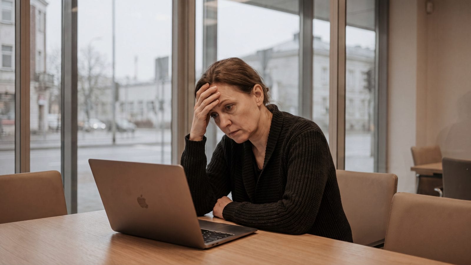 A woman sits at a laptop in a meeting room with one hand on her forehead, looking at the screen.